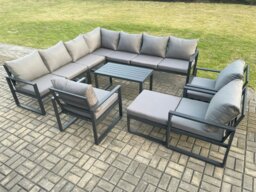 Rackhams Aluminium Patio Outdoor Garden Furniture Lounge Corner Sofa Set with Oblong Coffee Table Big Footstool 3 Chair Dark Grey - thumbnail 1