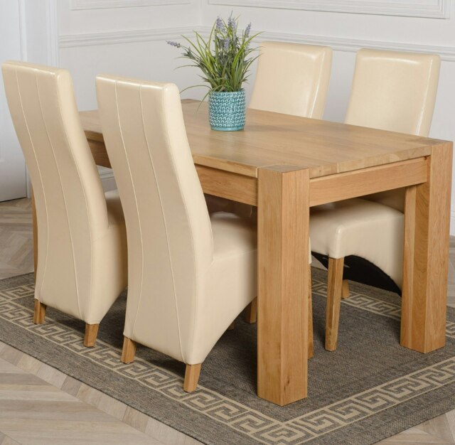 Rackhams Kuba Medium Oak Dining Table with Lola Leather Chairs - 4 chairs - Ivory - image 1