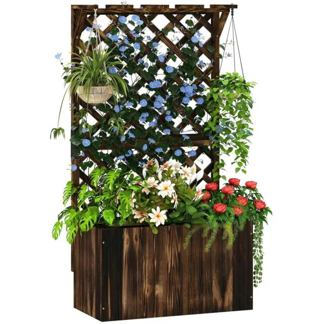 Rackhams Wooden Planter with Trellis, Freestanding Raised Garden Bed with Drainage Holes, Outdoor Planter Box with Liner, Carbonised