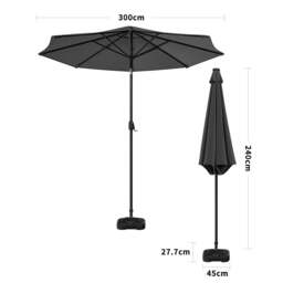 Rackhams 3M Garden Parasol Sun Umbrella Dark Grey Iron With Solar LED Lights - Rectangle water tank base