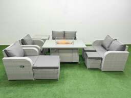 Rackhams 9 Seater Outdoor Reclining Chair Love Sofa Set Rattan Garden Furniture Set with Fire Pit Dining Table 3 Stools Side Table Light Grey - thumbnail 1