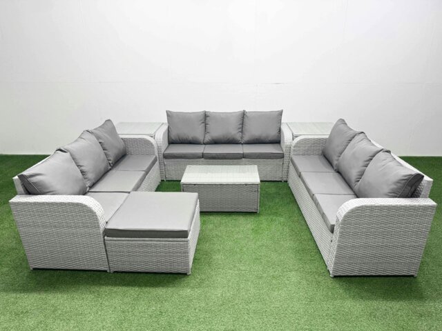 Rackhams 10-Seater Light Grey PE Rattan Outdoor Lounge Set - Rectangular Coffee Table, 3-Seater Sofa, Large Footstool, 2 Side Tables - image 1