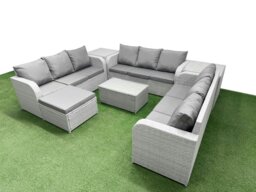 Rackhams 10-Seater Light Grey PE Rattan Outdoor Lounge Set - Rectangular Coffee Table, 3-Seater Sofa, Large Footstool, 2 Side Tables - thumbnail 2