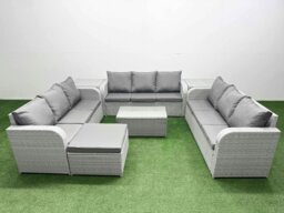 Rackhams 10-Seater Light Grey PE Rattan Outdoor Lounge Set - Rectangular Coffee Table, 3-Seater Sofa, Large Footstool, 2 Side Tables - thumbnail 1