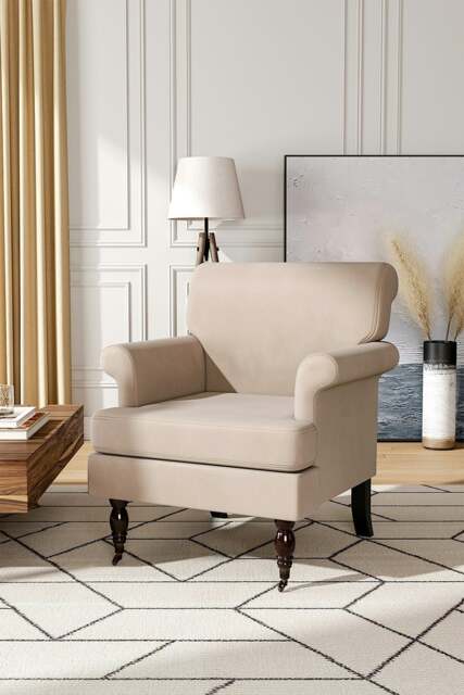 Rackhams Beige Soft Velvet Armchair with Gourd Shaped Castor Legs - Beige - image 1