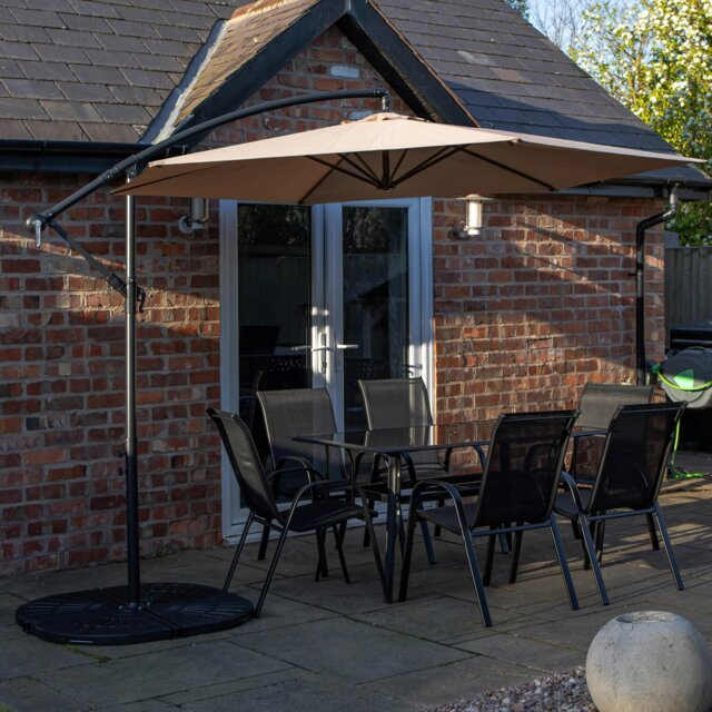 Rackhams Outdoor 6 Person Rectangular Glass Top Garden Dining Table Chairs With Beige Banana Parasol and Base - Outdoor Furniture Sets - image 1