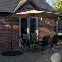 Rackhams Outdoor 6 Person Rectangular Glass Top Garden Dining Table Chairs With Beige Banana Parasol and Base - Outdoor Furniture Sets - thumbnail 1