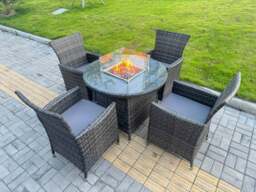 Rackhams 5-Piece PE Rattan Garden Furniture with Medium Round Gas Fire Pit Table and 4 Chairs for Patio Dark Grey Mixed