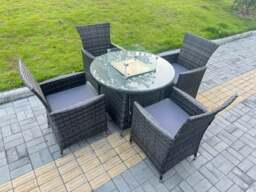 Rackhams 5-Piece PE Rattan Garden Furniture with Medium Round Gas Fire Pit Table and 4 Chairs for Patio Dark Grey Mixed - thumbnail 2