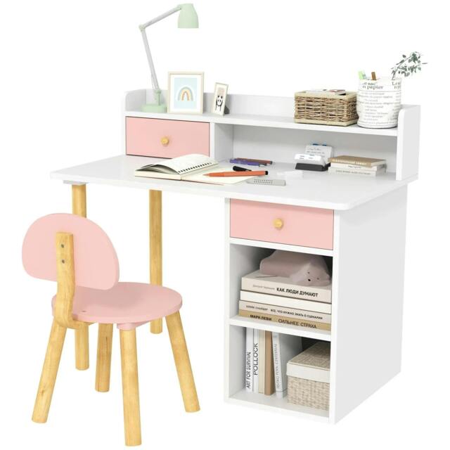 Rackhams 2 Pieces Children Study Table with Hutch, Kids Desk and Chair Set with Storage, Drawer, Shelves, Pink