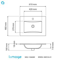 Rackhams 4001A Ceramic 61cm Thin-Edge Inset Basin with Scooped Bowl - White - 60cm - thumbnail 3