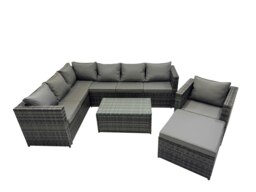 Rackhams Outdoor Rattan Rectangular Coffee Table Corner Sofa Setss Garden Furniture Sets with Big Stool Dark Grey Mixed - thumbnail 1