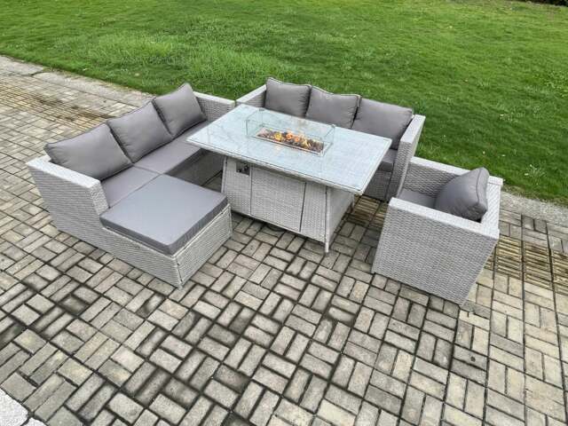 Rackhams 8 Seater Outdoor Garden Dining Sets Rattan Furniture Gas Fire Pit Dining Table Gas Heater with Armchair Big Footstool Light Grey - image 1