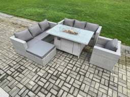 Rackhams 8 Seater Outdoor Garden Dining Sets Rattan Furniture Gas Fire Pit Dining Table Gas Heater with Armchair Big Footstool Light Grey - thumbnail 2