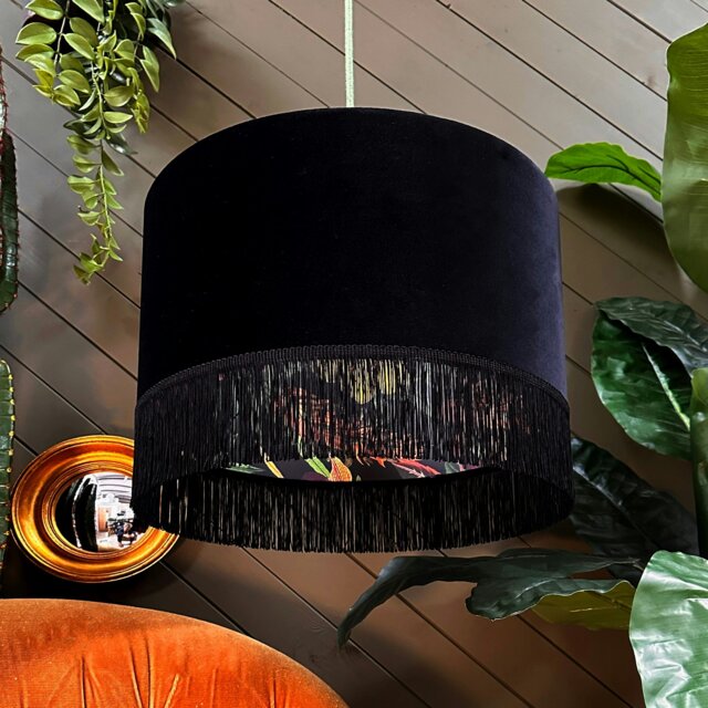 "Rackhams Onyx Botanical Garden Silhouette Lampshade in Black Velvet & Fringing - Table / Floor Lamp - 30cm diameter x 25cm Height (12"" x 10"")" - image 1