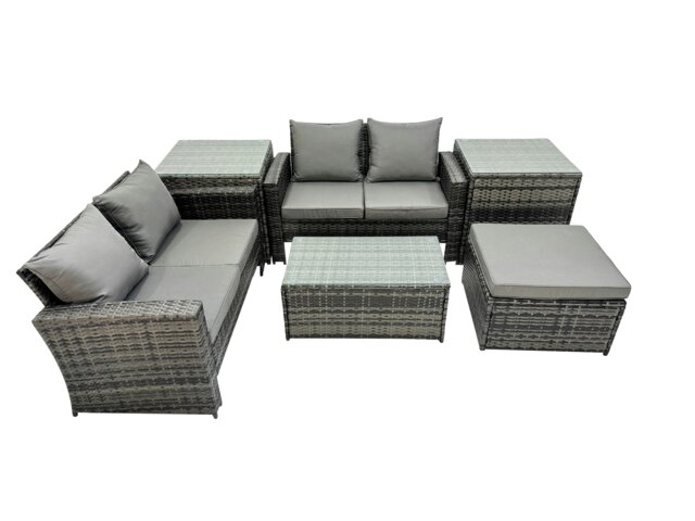 Rackhams PE Rattan Garden Furniture Set Lounge Double Seat Sofa Coffee Table Set with 2 Side Tables Big Stool Dark Grey MixedMixed - image 1