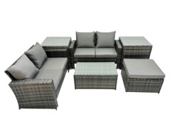 Rackhams PE Rattan Garden Furniture Set Lounge Double Seat Sofa Coffee Table Set with 2 Side Tables Big Stool Dark Grey MixedMixed - thumbnail 1