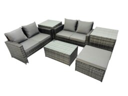 Rackhams PE Rattan Garden Furniture Set Lounge Double Seat Sofa Coffee Table Set with 2 Side Tables Big Stool Dark Grey MixedMixed - thumbnail 2
