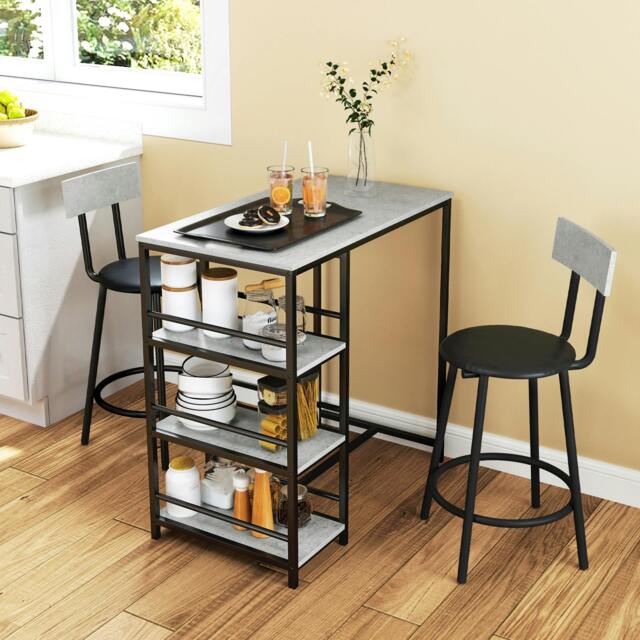 Rackhams 3 Piece Breakfast Bar Table Set with Storage Shelves, Light Grey - image 1