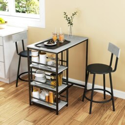 Rackhams 3 Piece Breakfast Bar Table Set with Storage Shelves, Light Grey - thumbnail 2