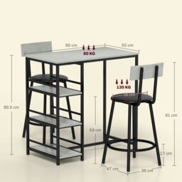 Rackhams 3 Piece Breakfast Bar Table Set with Storage Shelves, Light Grey - thumbnail 6