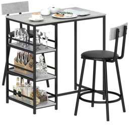 Rackhams 3 Piece Breakfast Bar Table Set with Storage Shelves, Light Grey - thumbnail 3