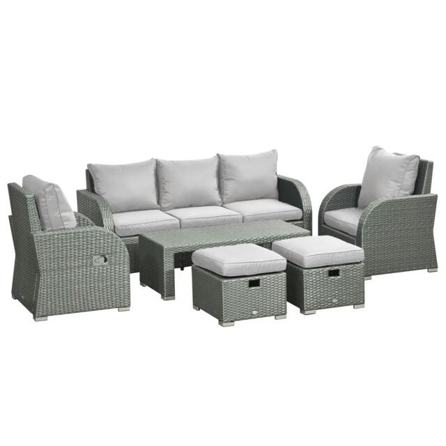 Rackhams Six-piece Outdoor Rattan Dining Set, Outdoor Sofa Set with Reclining Armchairs and Mental Frame, Grey - image 1