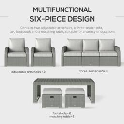 Rackhams Six-piece Outdoor Rattan Dining Set, Outdoor Sofa Set with Reclining Armchairs and Mental Frame, Grey - thumbnail 4