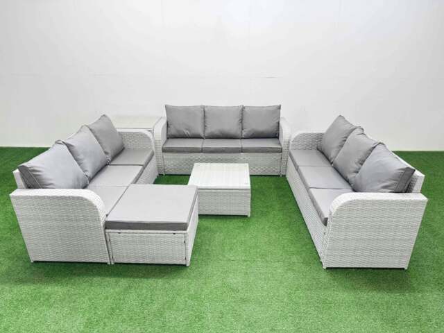 Rackhams PE Rattan Lounge Sofa Set 10 Seater Outdoor Garden Furniture Set with Square Coffee Table 3 Seater Sofa Big Footstool Side Table Light Grey - image 1