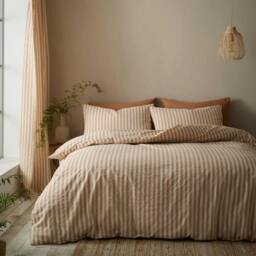 Rackhams Cotton Rich Woven Stripe Clay Duvet Cover Set - Single - thumbnail 1