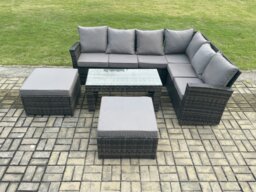 Rackhams 8 Seater Wicker PE Outdoor Garden Furniture Set High Back Rattan Corner Sofa Set with 2 Big Footstool Rectangular Coffee Table - thumbnail 2