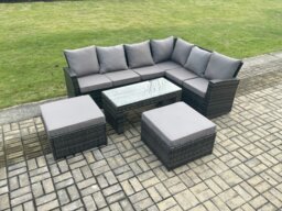 Rackhams 8 Seater Wicker PE Outdoor Garden Furniture Set High Back Rattan Corner Sofa Set with 2 Big Footstool Rectangular Coffee Table - thumbnail 1