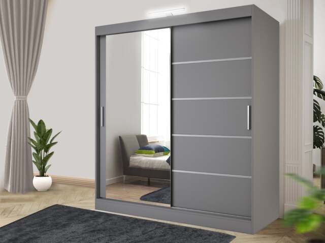 Rackhams Stylish Bedroom Sliding Wardrobe with LED Light - comes in White/Grey/Black/Oak and Width 120cm/150cm/180cm/203cm/250cm - 120cm - Grey - image 1