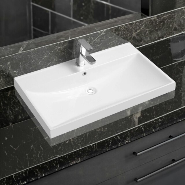 Rackhams 5409 Ceramic 80.5cm Thick-Edge Inset Basin with Scooped Full Bowl - White - Ceramic - 81cm