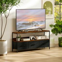 Rackhams TV Cabinet, TV Console Unit with 3 Foldable Linen Drawers Black - Rustic Brown, Black - Rustic Wood - 1