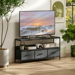 Rackhams TV Cabinet, TV Console Unit with 3 Foldable Linen Drawers Black - Rustic Brown, Black - Rustic Wood - 1 - thumbnail 3