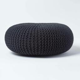 Rackhams Large Round Cotton Knitted Pouffe Footstool - Black - thumbnail 1