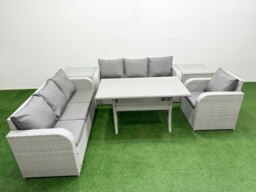 Rackhams 7 Seater Light Grey Poly Rattan Outdoor Dining Set - Rectangular Table, 3-Seater Sofa, Reclining Chair & 2 Side Tables - thumbnail 1