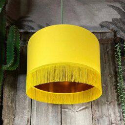 "Rackhams Banana Yellow Lampshade with Copper Foil Lining & Yellow Fringing - Ceiling Pendant / Arc Lamp - 70cm Diameter x 20cm Height / (27"" x 8"")"