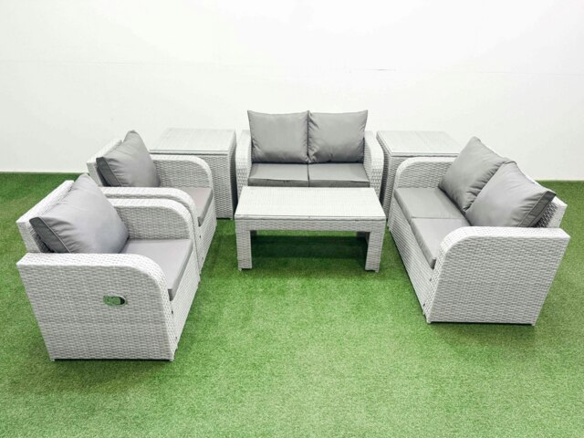 Rackhams 6 Seater Outdoor Reclining Chair Love Sofa Set Rattan Garden Furniture Set with Oblong Coffee Table 2 Side Tables Light Grey - image 1