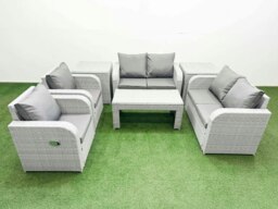 Rackhams 6 Seater Outdoor Reclining Chair Love Sofa Set Rattan Garden Furniture Set with Oblong Coffee Table 2 Side Tables Light Grey - thumbnail 1