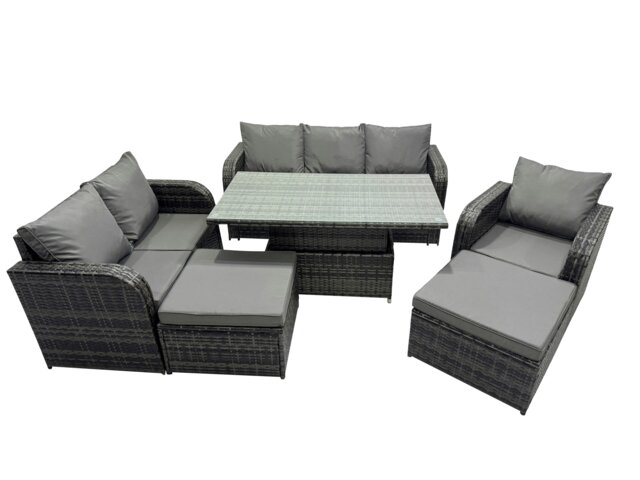 Rackhams Rattan Garden Furniture Dining Set 8 seater Patio Height Adjustable Rising Lifting Table Sofa Set with 2 Big Footstool Dark Grey Mixed - image 1