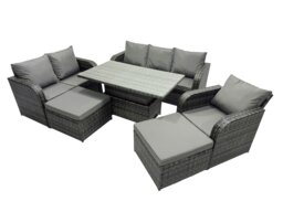 Rackhams Rattan Garden Furniture Dining Set 8 seater Patio Height Adjustable Rising Lifting Table Sofa Set with 2 Big Footstool Dark Grey Mixed - thumbnail 2