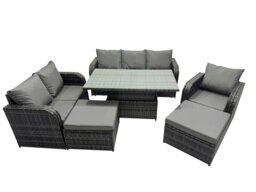 Rackhams Rattan Garden Furniture Dining Set 8 seater Patio Height Adjustable Rising Lifting Table Sofa Set with 2 Big Footstool Dark Grey Mixed - thumbnail 1