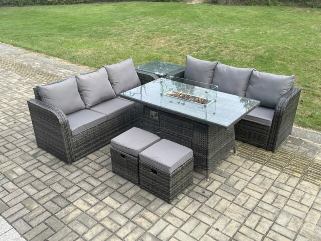 Rackhams Rattan Garden Furniture Set with Fire Pit Table 8 Seater Outdoor Patio Lounge Sofa Set Dark Grey Mixed - image 1