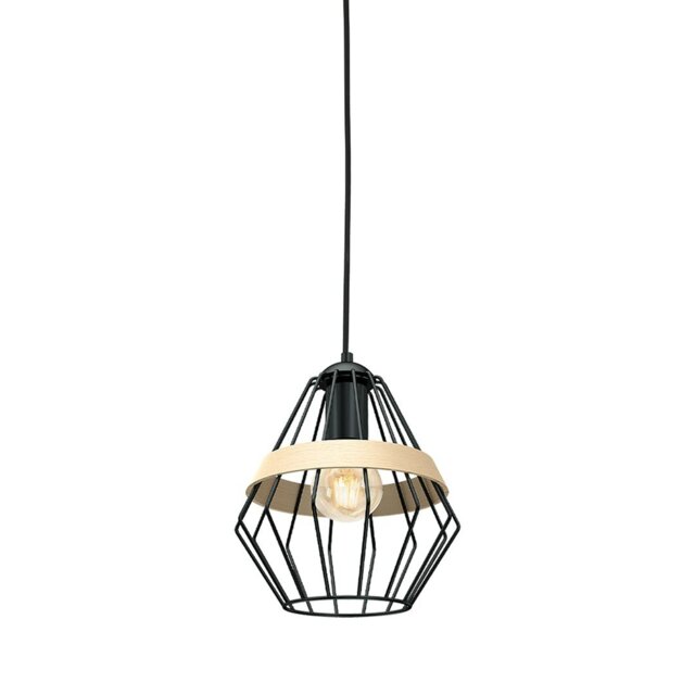 Rackhams Cliff Black Pendant Lamp 1XE27 Hand Made Matt Black Cage Style Lamps With Natural Wood Detail - image 1