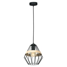 Rackhams Cliff Black Pendant Lamp 1XE27 Hand Made Matt Black Cage Style Lamps With Natural Wood Detail - thumbnail 3