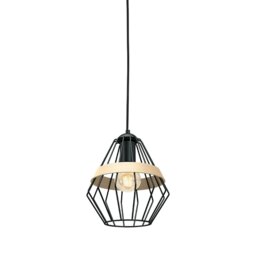 Rackhams Cliff Black Pendant Lamp 1XE27 Hand Made Matt Black Cage Style Lamps With Natural Wood Detail