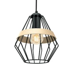 Rackhams Cliff Black Pendant Lamp 1XE27 Hand Made Matt Black Cage Style Lamps With Natural Wood Detail - thumbnail 2