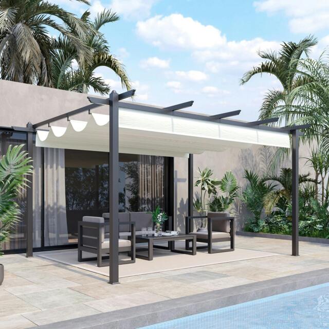 Rackhams 4 x 3(m) Aluminium Pergola Gazebo Garden Shelter w/ Retractable Roof - Cream - Aluminium Alloy, Polyester - 3.96m x 2.96m x 2.2m - image 1